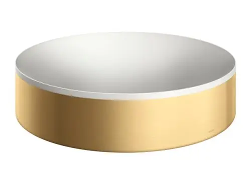 Runder Waschbeckenaufsatz aus metallisch goldfarbener Oberfläche mit weißem Innenbereich. Produkt von AXOR, für den Einsatz im Badezimmer.